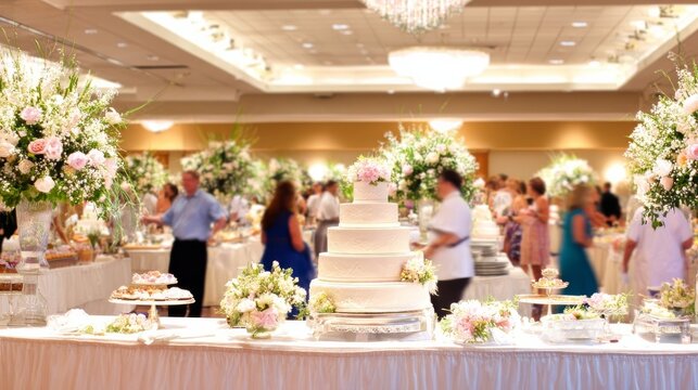 Elegant wedding reception hall with a multi-tiered white cake adorned with flowers, lush floral arrangements,