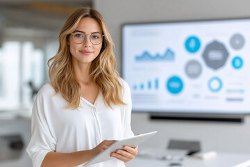Business person presenting sustainability plan in modern office professional environment engaging viewpoint