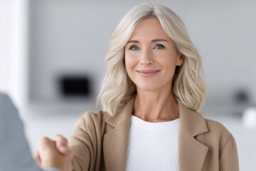 Businesswoman engaging in professional handshake modern office business image bright environment close-up confidence building