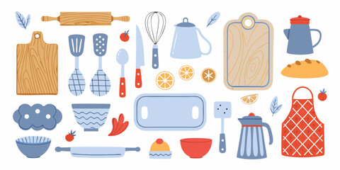 A charming collection of hand drawn kitchen utensils and baking ingredients in a flat design style