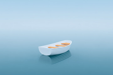 Minimalist topdown foggy boat photo serene water tranquil environment aerial view for calmness