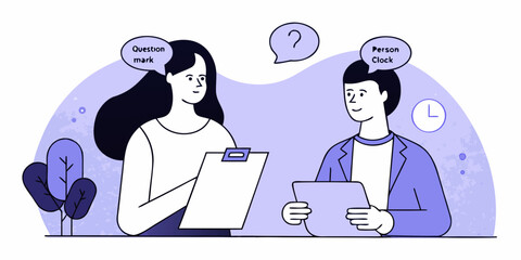 Two people in a meeting discussing a question and a clock representing time management and problem solving