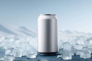 Refreshing white aluminum can with water droplets on ice cool environment beverage photography