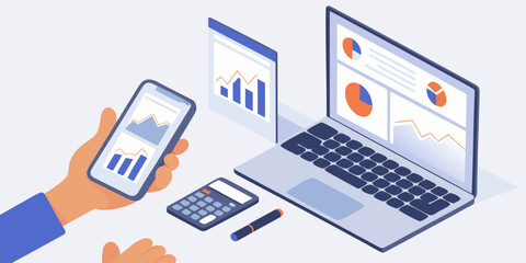 Hand holding smartphone with financial charts near laptop calculator and pen on desk