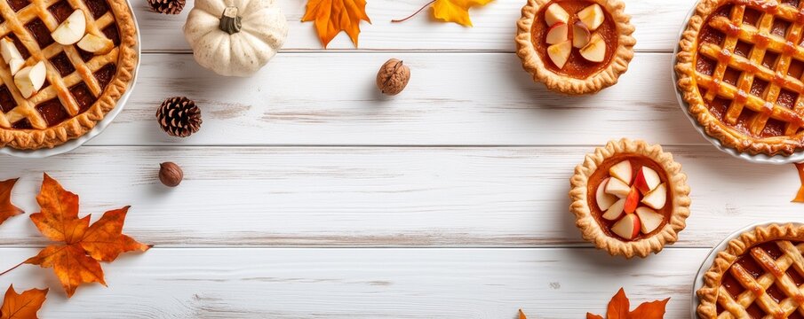 Delicious Autumn Desserts Featuring Pumpkin Pie and Colorful Leaves on a Wooden Table.