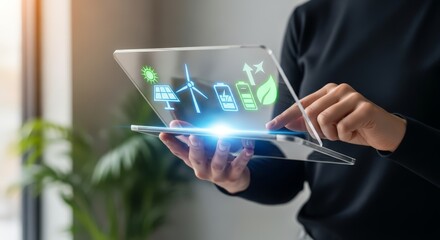 Business professional uses futuristic tablet displaying renewable energy icons for sustainable future planning