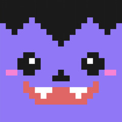 Obraz premium Fun and nostalgic pixel art character featuring a friendly vampire face. Ideal for retro gaming, 8-bit graphics, and minimalist Halloween designs for kids.