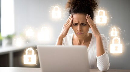 Unhappy businesswoman sitting at her desk in front of a laptop with closed padlock icons. A young woman can't remember her password. Cybersecurity concept.
