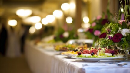Fototapeta premium Elegant buffet setup at a formal event with fresh fruits, sushi cuisine, floral centerpieces featuring roses,