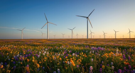 Colorful wildflowers field with wind turbines at sunrise