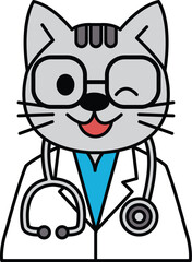 Obraz premium A cartoon cat wearing a white lab coat and glasses is smiling
