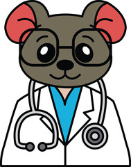 A cartoon mouse wearing a lab coat and glasses is wearing a stethoscope
