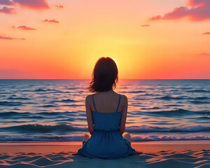 Fototapeta premium Woman sitting at beach during sunset Back view of a woman in a blue dress sitting on the sand, watching a calm ocean and orange sunset sky.