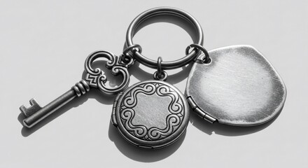 Antique Silver Keyring with Ornate Locket and Blank Tag in Monochrome