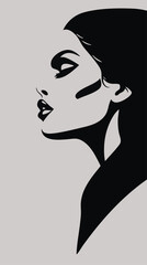 Fashion vector art logo featuring a stylish jet black woman, her face and silhouette artfully rendered with direct, harsh shadows and clean geometric forms, exuding grace and refined beauty