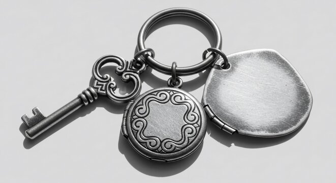 Antique Silver Keyring with Ornate Locket and Blank Tag in Monochrome