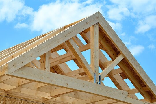 Wooden roof structure under construction against a clear sky.