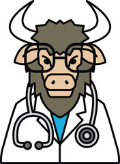 A cartoon of a bull wearing a lab coat and glasses