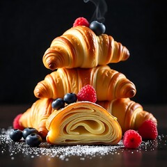 Freshly baked croissants with berries high resolution image