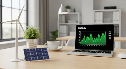Modern office displays renewable energy growth chart on laptop with wind turbine and solar panel models
