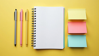Stationery set — notebook, pens, sticky notes — arranged on butter yellow background, simple minimal composition with copy space.
