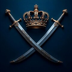 Golden crown and crossed swords on blue high resolution image