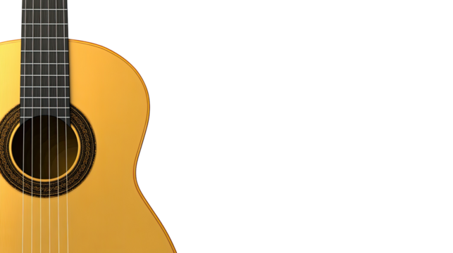 Close-up of a classical guitar, light tan body, dark wood accents