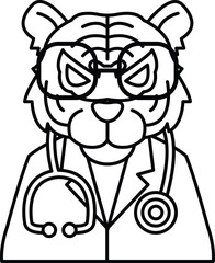 A cartoon tiger wearing a lab coat and glasses with a stethoscope