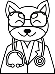 A cartoon cat wearing glasses and a lab coat is smiling