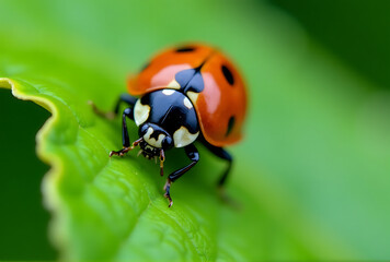 Fototapeta premium ladybug on green leaf