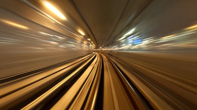 A train tunnel interior with motion blur effect showing tracks converging,