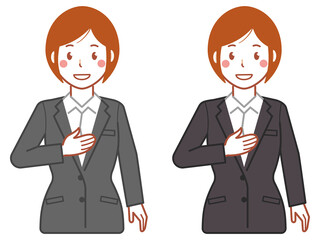 グレースーツ、ショートヘアの胸に手を当てる若い女性