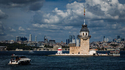 A yacht approaching the Maiden's Tower and Istanbul.