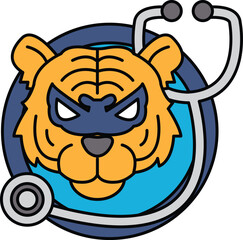 A cartoon tiger with a mask on its face and a stethoscope around its neck