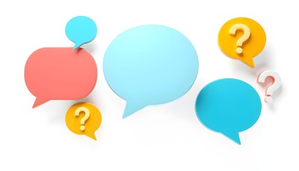 Colorful speech bubbles with question marks, suggesting a discussion or inquiry.