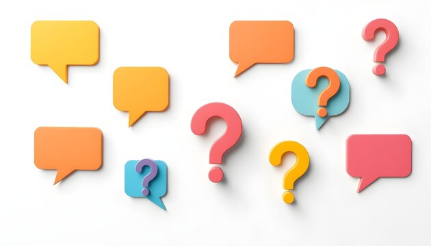 Colorful 3D rendered speech bubbles and question marks arranged on white background.