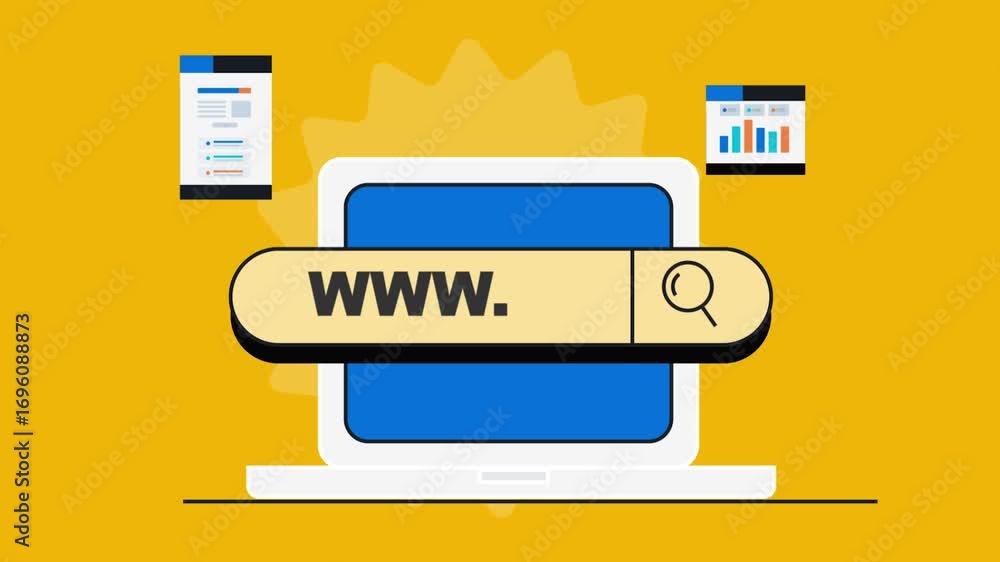 Poster prominent search interface on laptop screen, ai driven search results on browser and data graph on w