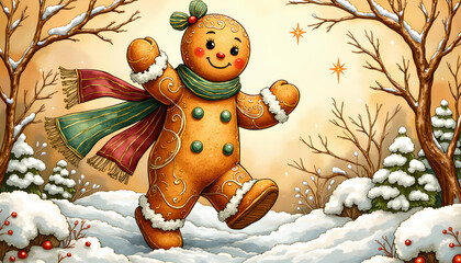 Whimsical Gingerbread Character in Festive Scene - A joyful gingerbread character, adorned with a bright scarf, strolling through a snowy, festive landscape, surrounded by snow-laden trees.