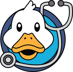 A duck wearing a stethoscope and a blue and white background