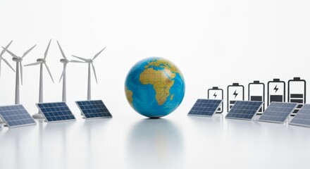 Global renewable energy revolution with wind turbines, solar panels, and batteries powering Earth's future