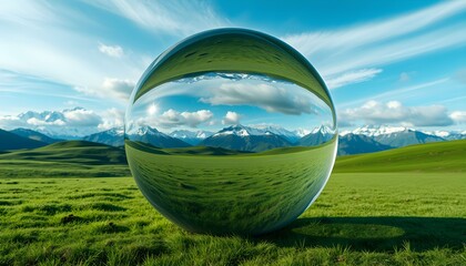 A crystal ball reflects a vibrant green meadow, distant snow-capped mountains, and a blue sky with fluffy white clouds.