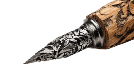 Closeup of Intricate Wooden and Metal Pen Nib on Black Background