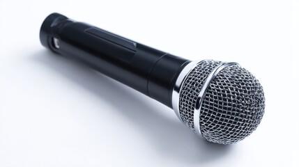 A black cylindrical microphone with metallic mesh head for professional audio recording, broadcasting,
