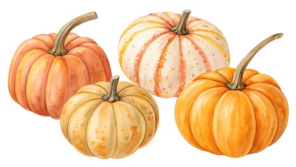 Four assorted pumpkins and gourds in watercolor style, isolated on white background