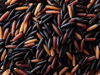 Close-up of wild rice blend with deep brown, black, and red grains