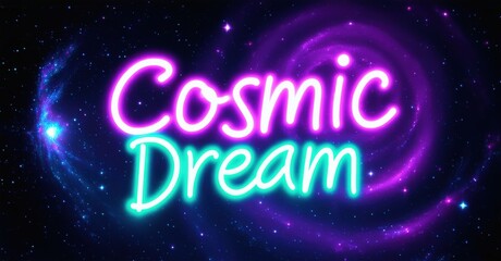 Naklejka premium Bright neon text reads Cosmic Dream against swirling purple, blue galaxy background. Stars sparkle, creating vibrant visual effect.