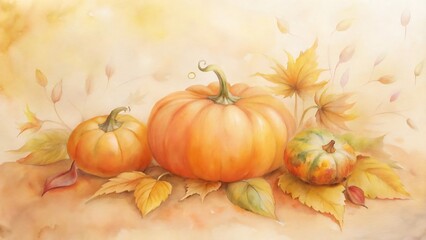Watercolor painting of three pumpkins and scattered autumn leaves on a warm, soft, and blurred background