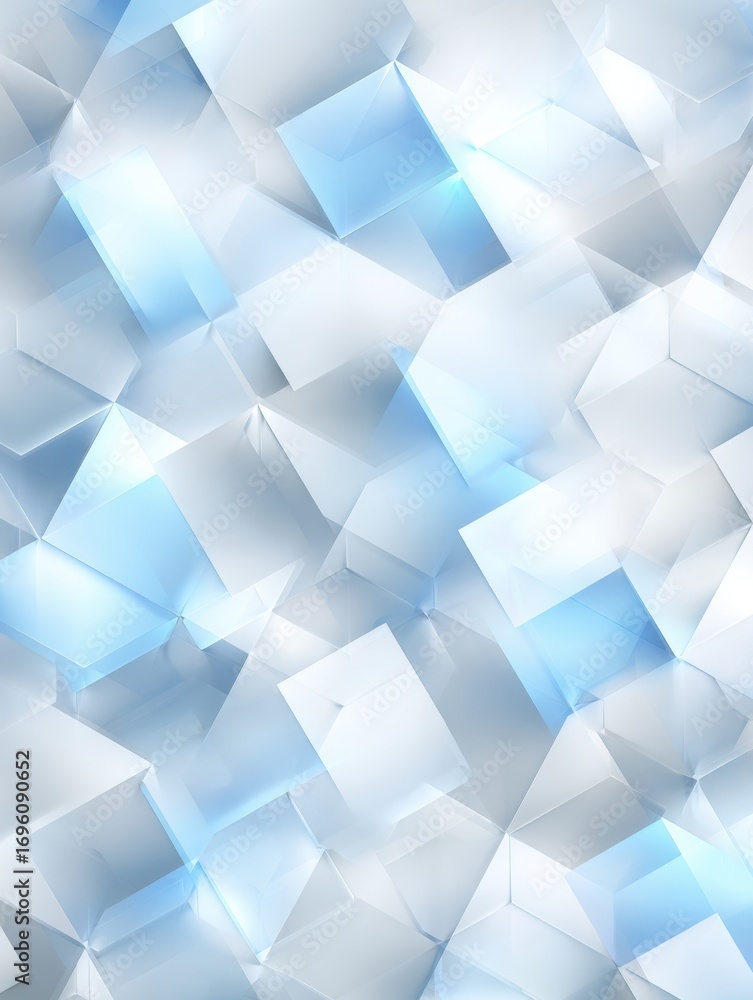 Poster abstract geometric background featuring layered translucent cubes with a blue and white color scheme