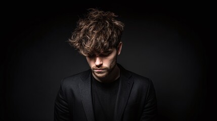 Fototapeta premium Portrait of a young man with curly hair against a dark background. He is wearing a dark shirt and jacket. Moody and introspective, lost in thought.