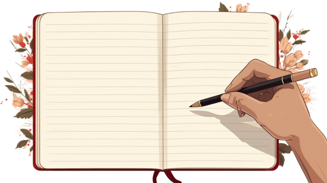 hand writes in blank open note book vector illustration on white background